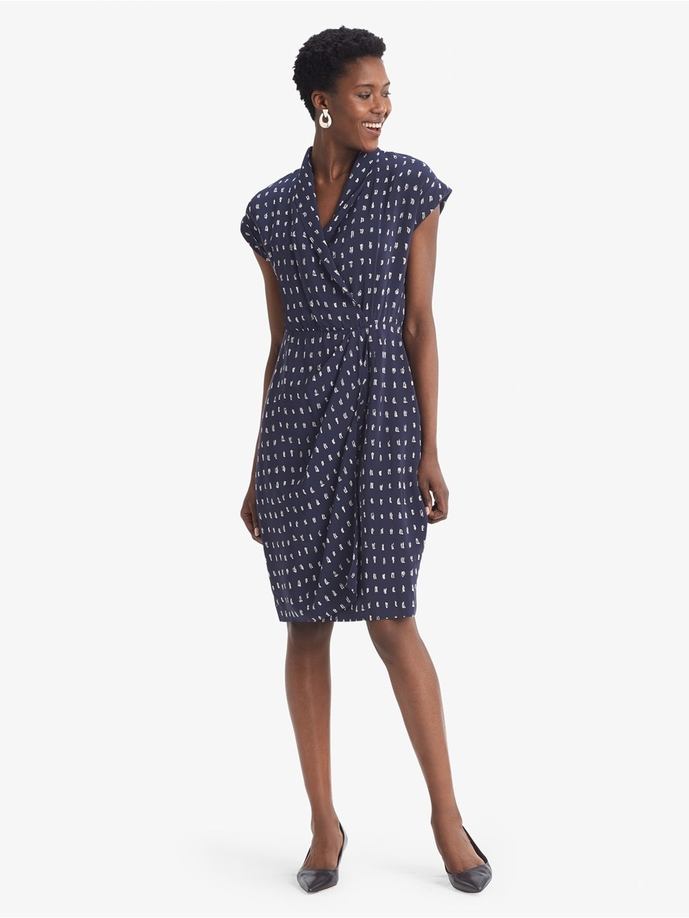 MM.LaFleur Navy and White Printed Cap-Sleeve Wrap Dress